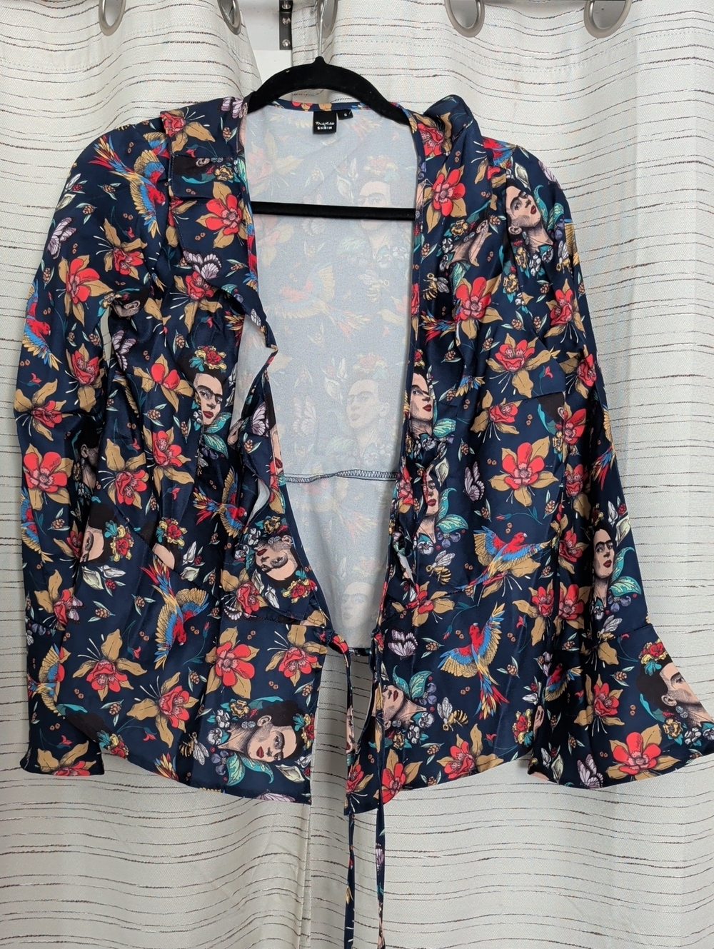 SHEIN Navy Floral Frida-Print Tie Jacket